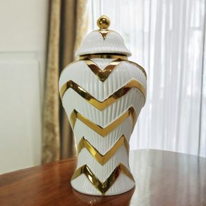 13" White and Gold Chevron Urn Ceramic Ginger Jar