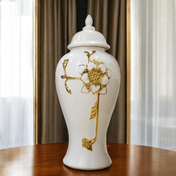 14" White and Gold Floral Urn Ceramic Ginger Jar With Sculptural Details