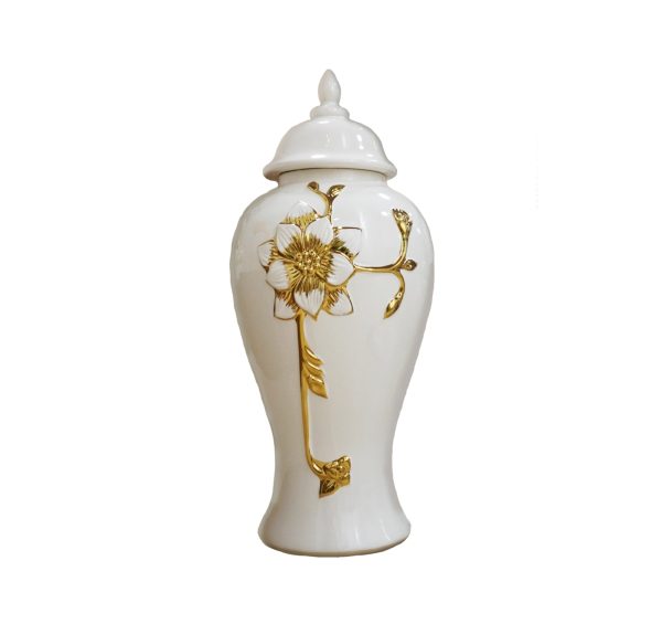 14" White and Gold Floral Urn Ceramic Ginger Jar With Sculptural Details - Image 2