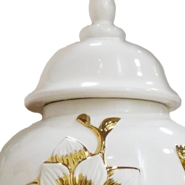 14" White and Gold Floral Urn Ceramic Ginger Jar With Sculptural Details - Image 3