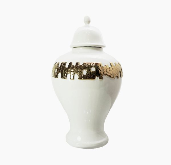 14" White and Gold Abstract Urn Ceramic Ginger Jar - Image 2