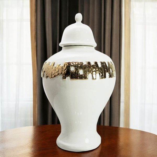 14" White and Gold Abstract Urn Ceramic Ginger Jar