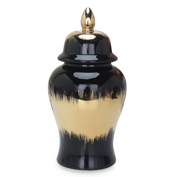 19" Black and Gold Color Block Urn Ceramic Ginger Jar - Image 2