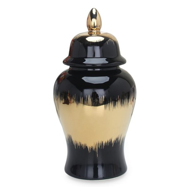 19" Black and Gold Color Block Urn Ceramic Ginger Jar - Image 3