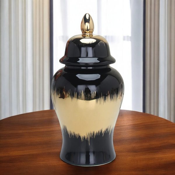 19" Black and Gold Color Block Urn Ceramic Ginger Jar