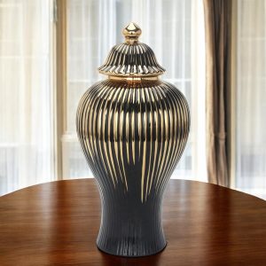 12" Black and Gold Striped Urn Ceramic Ginger Jar