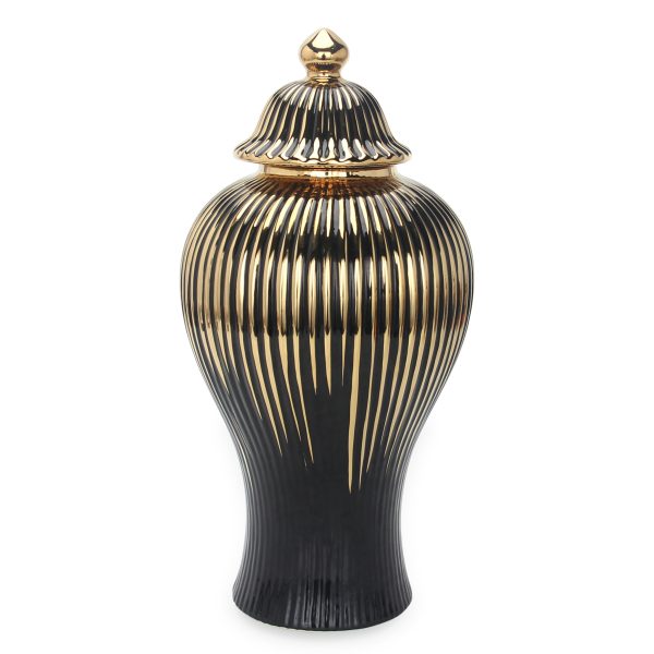 17" Black and Gold Striped Urn Ceramic Ginger Jar - Image 2