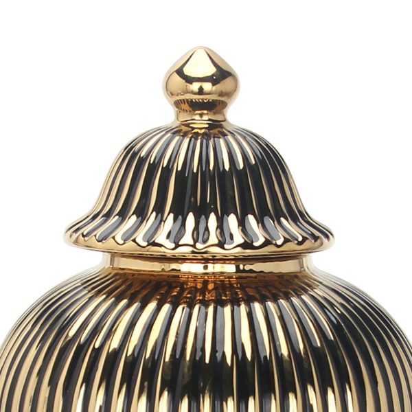 17" Black and Gold Striped Urn Ceramic Ginger Jar - Image 3