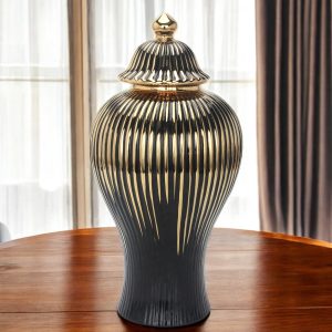 17" Black and Gold Striped Urn Ceramic Ginger Jar