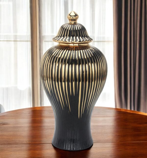 17" Black and Gold Striped Urn Ceramic Ginger Jar