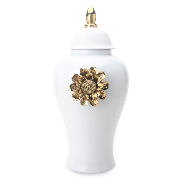 25" White and Gold Urn Ceramic Ginger Jar With Sculptural Details - Image 2