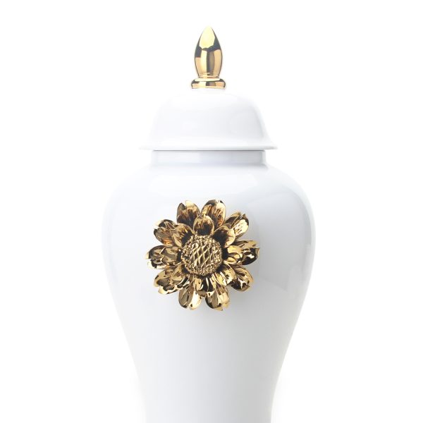 25" White and Gold Urn Ceramic Ginger Jar With Sculptural Details - Image 3