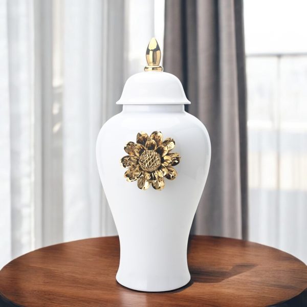 25" White and Gold Urn Ceramic Ginger Jar With Sculptural Details