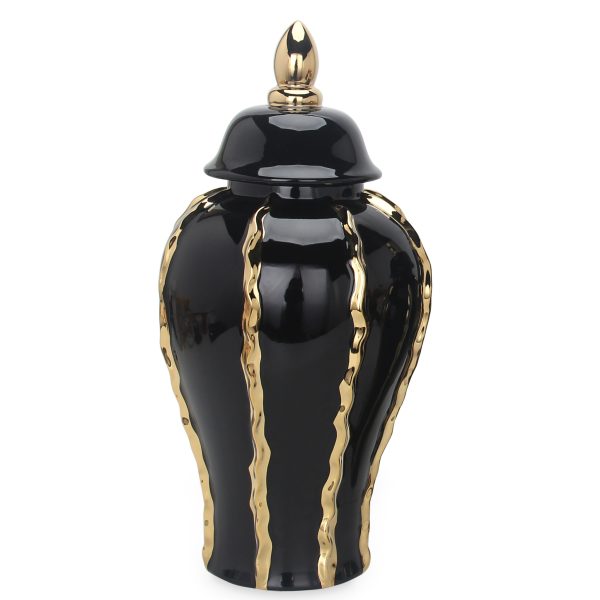 19" Black and Gold Striped Urn Ceramic Ginger Jar - Image 2