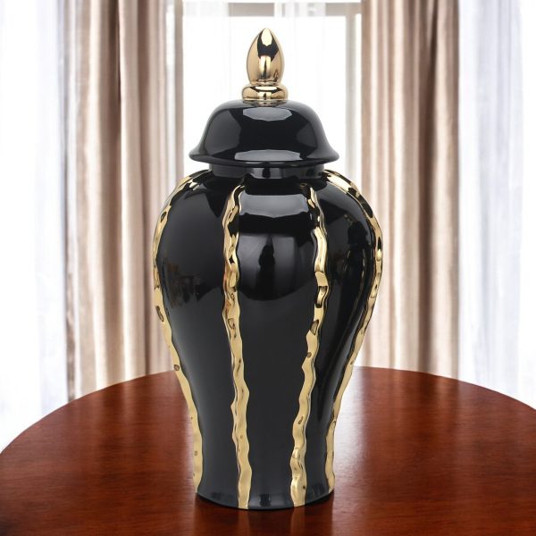 25" Black and Gold Striped Urn Ceramic Ginger Jar