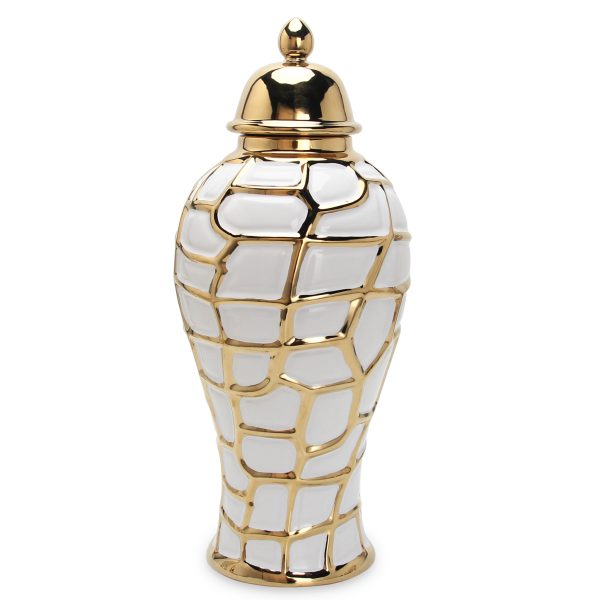 16" White and Gold Abstract Urn Ceramic Ginger Jar - Image 2