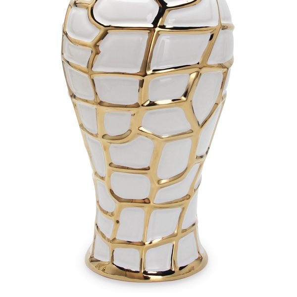 16" White and Gold Abstract Urn Ceramic Ginger Jar - Image 3