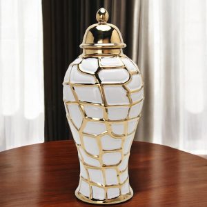 16" White and Gold Abstract Urn Ceramic Ginger Jar