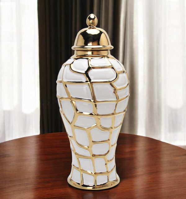 16" White and Gold Abstract Urn Ceramic Ginger Jar