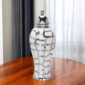 13" White and Silver Abstract Urn Ceramic Ginger Jar