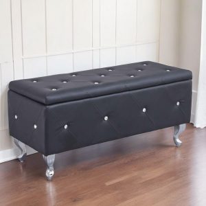 38" Black and Silver Faux Leather Storage Bench With Flip Top