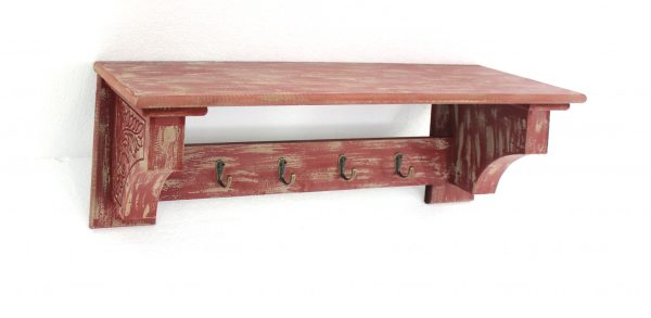 8 X 30 X 9.75 Red Vintage Wooden 4 Metal Hooks - Wall Shelf - Image 2