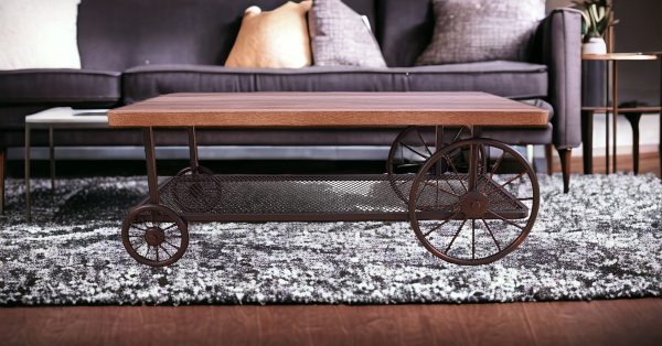 Rectangular Oak Finish Coffee Table With Metal Mesh Bottom Shelf - Image 3
