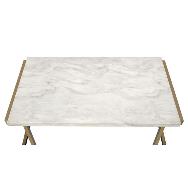 44" White And Gold Faux Marble And Iron Coffee Table - Image 4