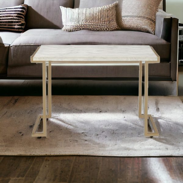 44" White And Gold Faux Marble And Iron Coffee Table - Image 2