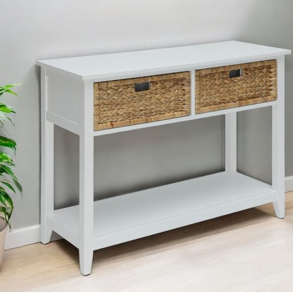 44" White and Natural Solid Wood Console Table With Shelves And Drawers - Image 2