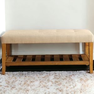 40" Beige and Brown Upholstered Polyester Bench with Shelves