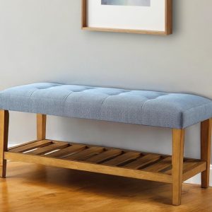 40" Blue and Brown Tufted Fabric Upholstered Storage Bench with Shelves