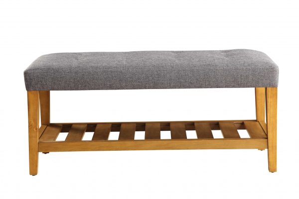 40" Gray and Brown Upholstered Linen Blend Bench with Shelves - Image 3