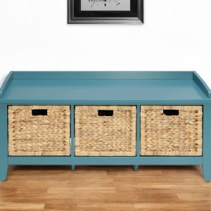 43" Teal Blue Solid Wood Storage Bench with Drawers