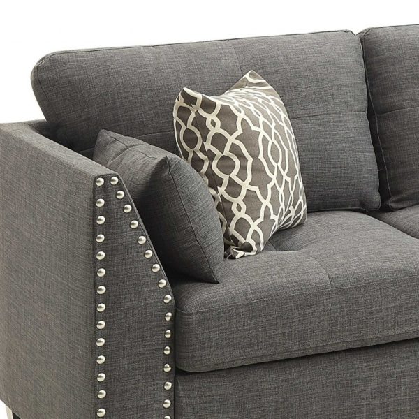 81" Charcoal Linen Sofa And Toss Pillows With Dark Brown Legs - Image 3