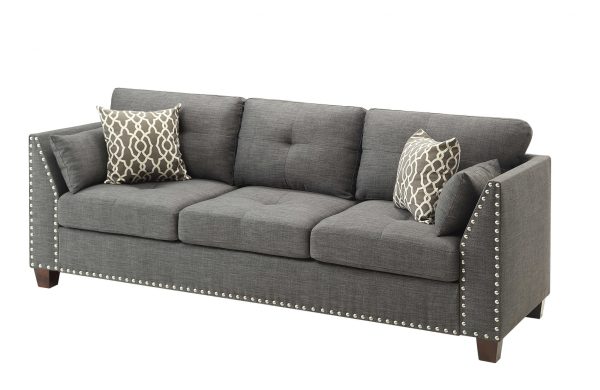 81" Charcoal Linen Sofa And Toss Pillows With Dark Brown Legs - Image 4