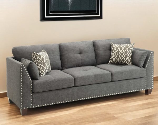 81" Charcoal Linen Sofa And Toss Pillows With Dark Brown Legs - Image 2
