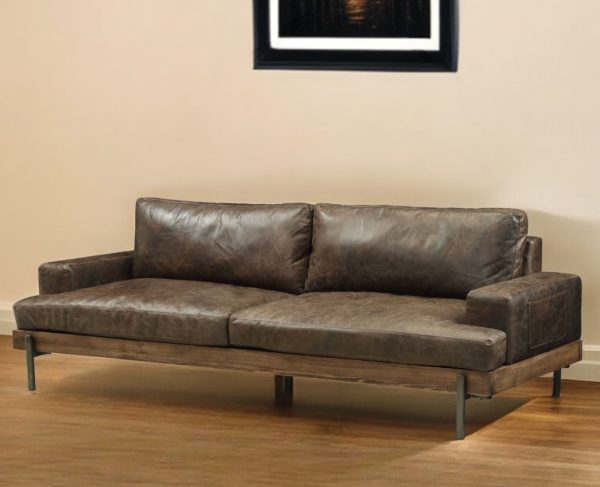 95" Chocolate Top Grain Leather Sofa With Black Legs - Image 2