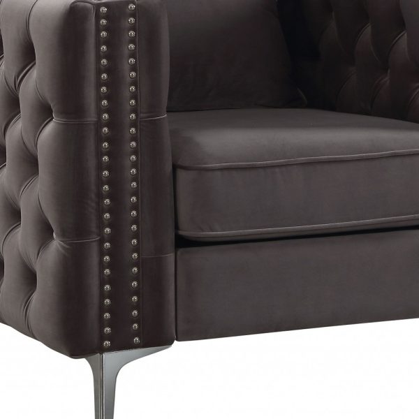 40" Dark Slate Gray And Silver Velvet Tufted Club Chair And Toss Pillow - Image 3