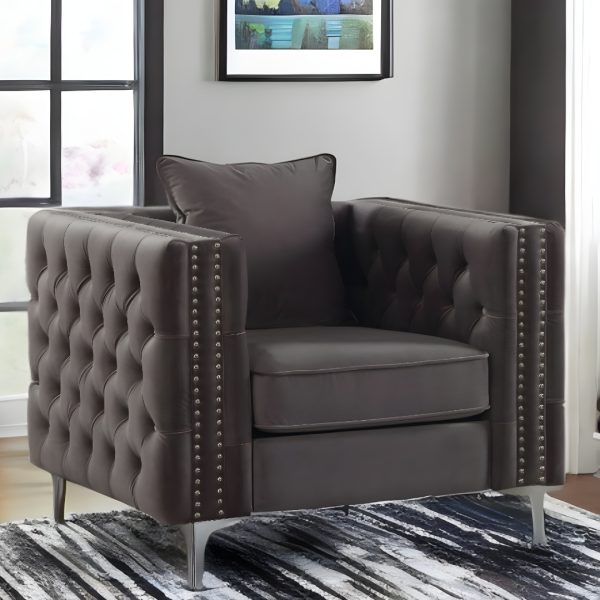 40" Dark Slate Gray And Silver Velvet Tufted Club Chair And Toss Pillow - Image 2