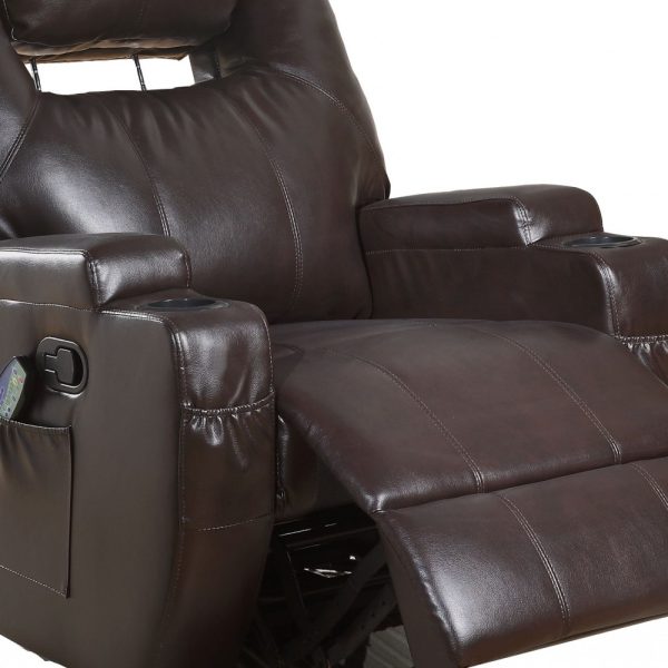 34" Brown Faux Leather Heated Massage Home Theater Recliner - Image 4