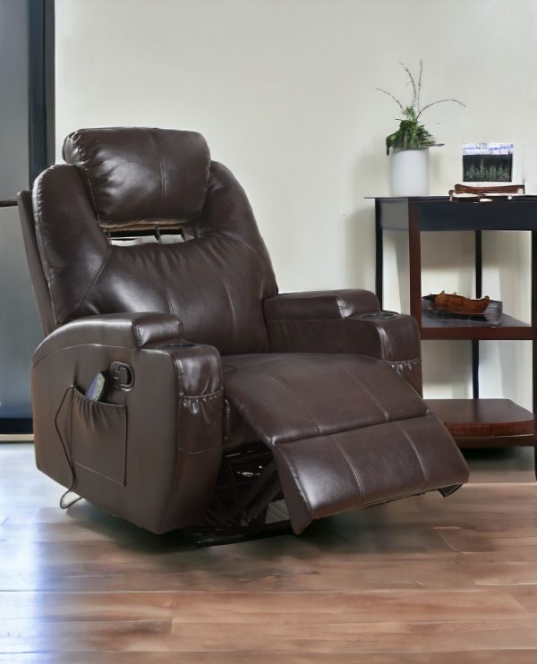 34" Brown Faux Leather Heated Massage Home Theater Recliner - Image 2