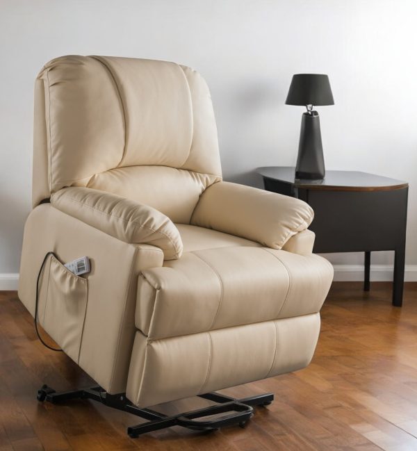 34" Beige Faux Leather Power Massage Lift Assist Recliner - Image 2