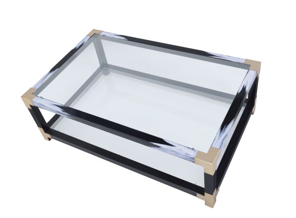 54" Clear And Black and White Glass And Metal Coffee Table With Shelf - Image 3