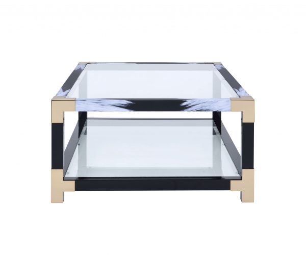 54" Clear And Black and White Glass And Metal Coffee Table With Shelf - Image 4