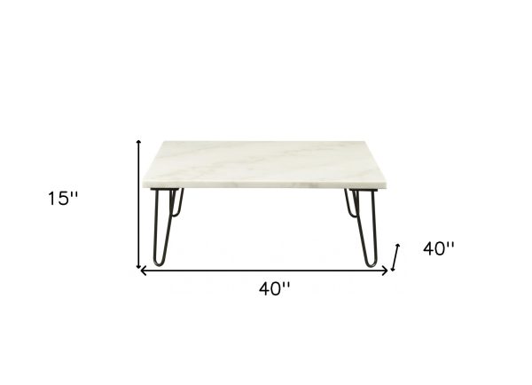 40" White And Black Genuine Marble And Metal Square Coffee Table - Image 3