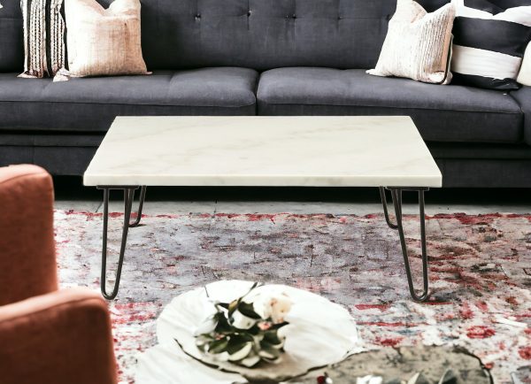 40" White And Black Genuine Marble And Metal Square Coffee Table - Image 2