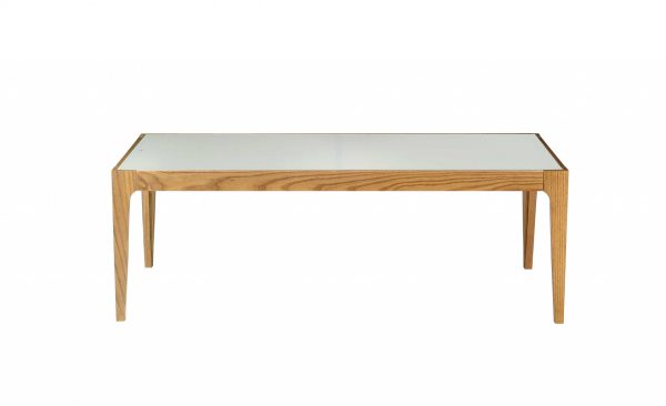 43" Off White And Natural Frosted Glass And Solid Wood Coffee Table - Image 3