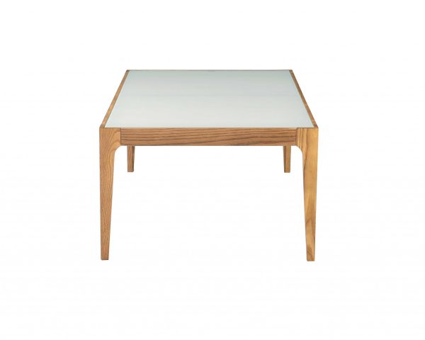 43" Off White And Natural Frosted Glass And Solid Wood Coffee Table - Image 4