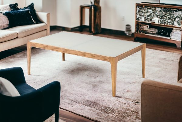 43" Off White And Natural Frosted Glass And Solid Wood Coffee Table - Image 2